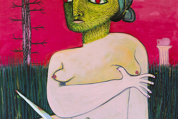 La Fornarina and The Tower, Mixed media on panel, 30” X 40”, 2023