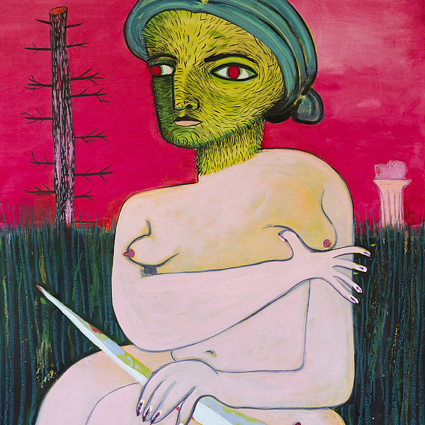 La Fornarina and The Tower, Mixed media on panel, 30” X 40”, 2023
