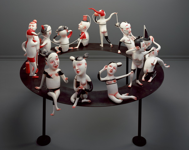 Patti Warashina, Gossipmongers, Low fire clay, underglaze, glaze, mixed media, 49 x 84 x 84, 2010