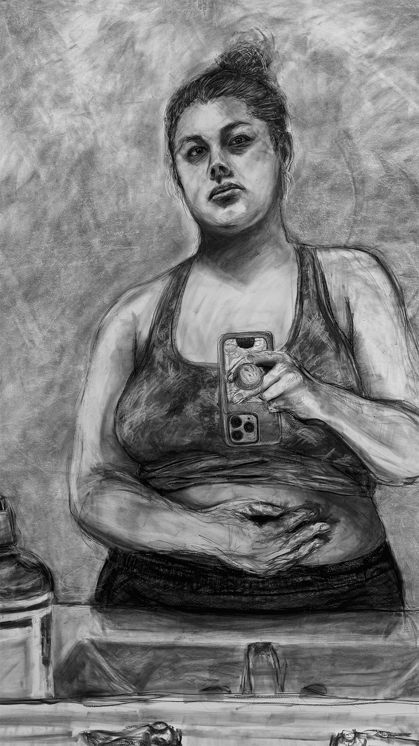 Hana Faris, Becoming, Charcoal on Paper, 66.75x42, 2024