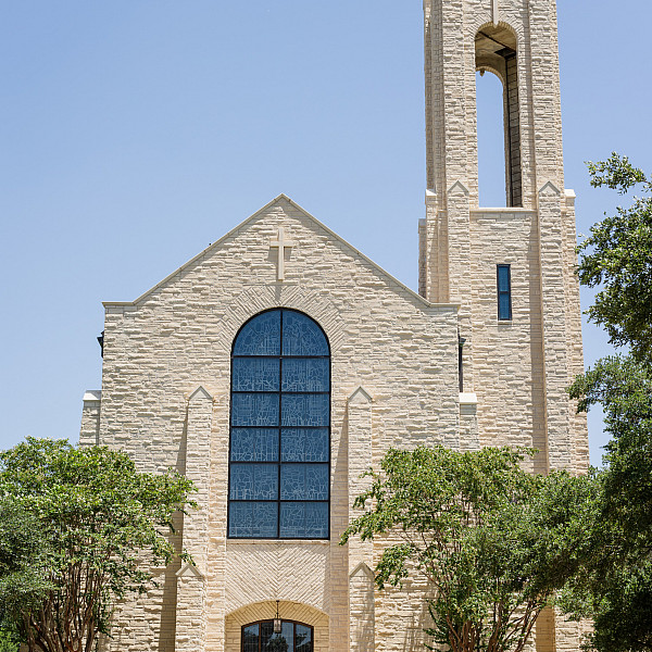 Lois Perkins Chapel is 175 feet long and 47 feet wide. The main tower, majestic and austere, rises 92 feet