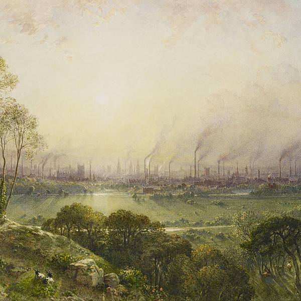 Manchester from Kersal Moor, with rustic figures and goats, William Wyld, 1852