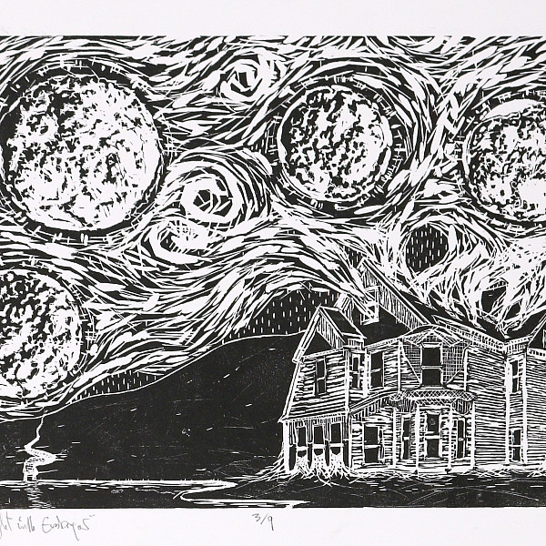Oscar Kelban, Starry Night Into Embryos, Woodcut, 12.5 x 18, Printmaking, Instructor: Seth Daulton