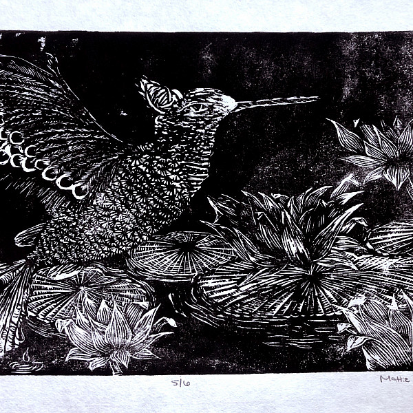 Mattie Wesoloski, Aquatic Flight, Woodcut, 6.5 x 11.5," Printmaking, Instructor: Seth Daulton
