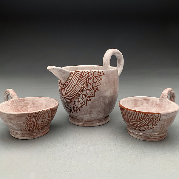 Maria Garcia, Pitcher and Cup Set, Earthenware, Intermedia Seminar-Ceramics, Instructor: Ron Geibel