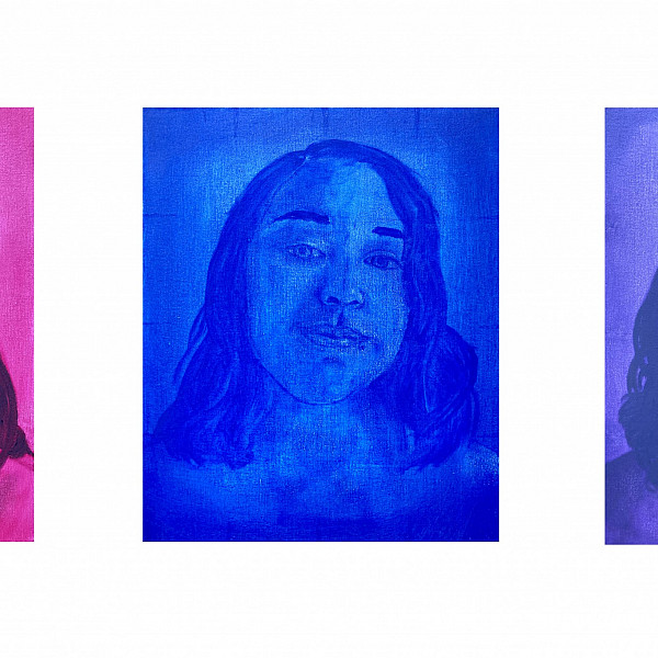 Lily Perez, Self Portrait (Pink), 16.25 x 13, Self Portrait (Blue), 16.25 x 13, Self Portrait (Purple), 16 x 13, All Oil on canvas, Intermedia Seminar, Instructor: Victoria Star Varner