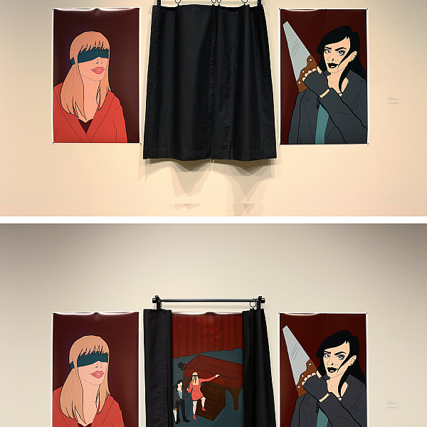 Christine Gutierrez, Trick_Interactive installation with digital archival inkjet prints and opaque curtains, 22 x 52 x 3, 2020, Intermedia Capstone, Instructor: Victoria Star Varner