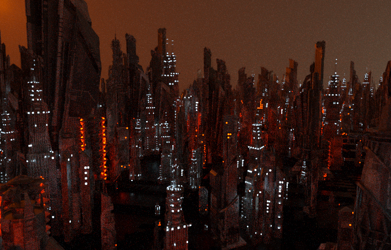 Ayinde Hall, Futuristic City Render 1, still from video created with Cinema 4D, 2019