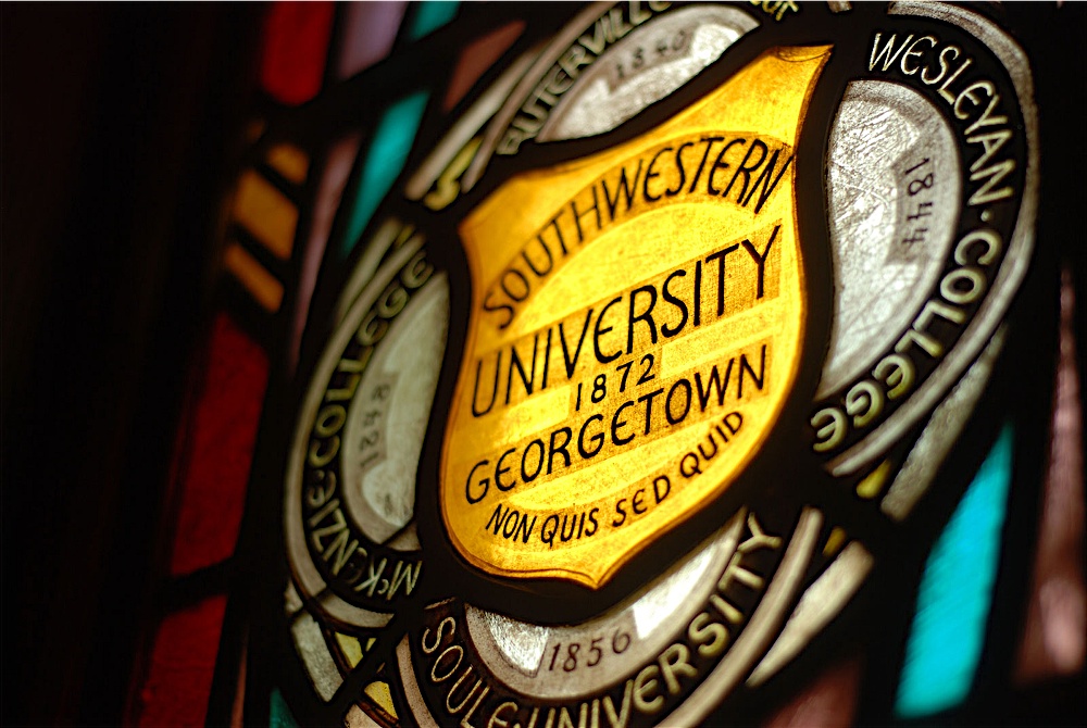 Stained glass windows in Lois Perkins Chapel. 