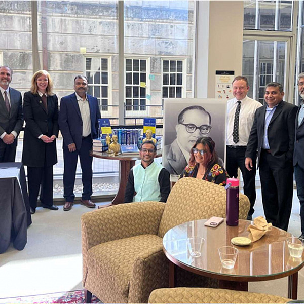 (L to R) Dr. Lamiyah Bahrainwala, Dr. Scott Stroud, Dr. Laura Skandera Trombley, Kamlesh Nandagawali, Vishal Thakare, Meenakshi Yadav, Casey Duncan, Yogesh Khankal, Amit Rangari, Pranit Jadhav. (Photo courtesy Ambedkarite Buddhist Association of Texas)