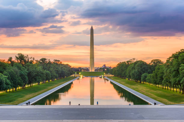 Washington Monument on the Reflecting Pool in Washington, D.C. at dawn.